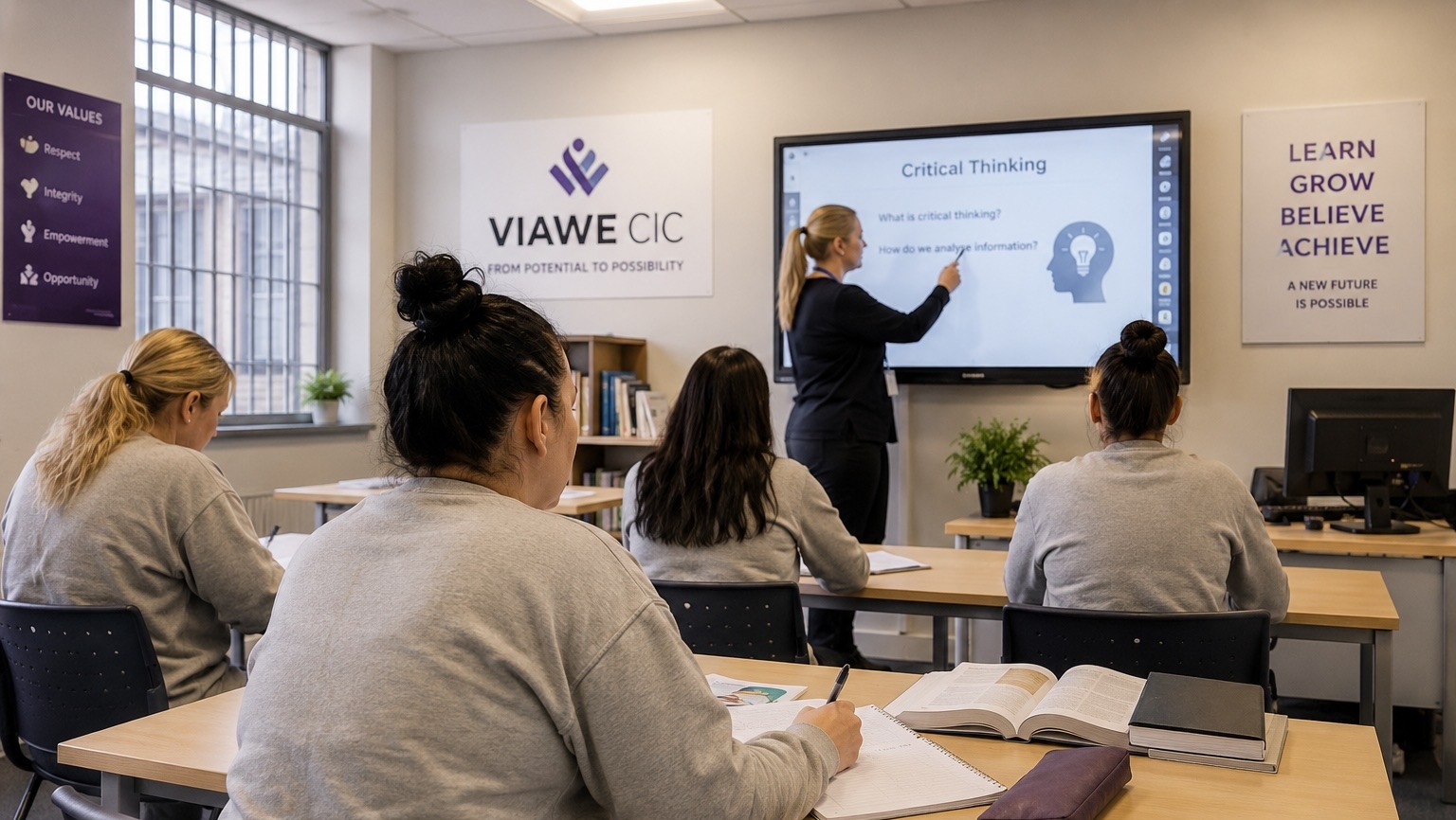 Adult learners taking part in a classroom session inside custody